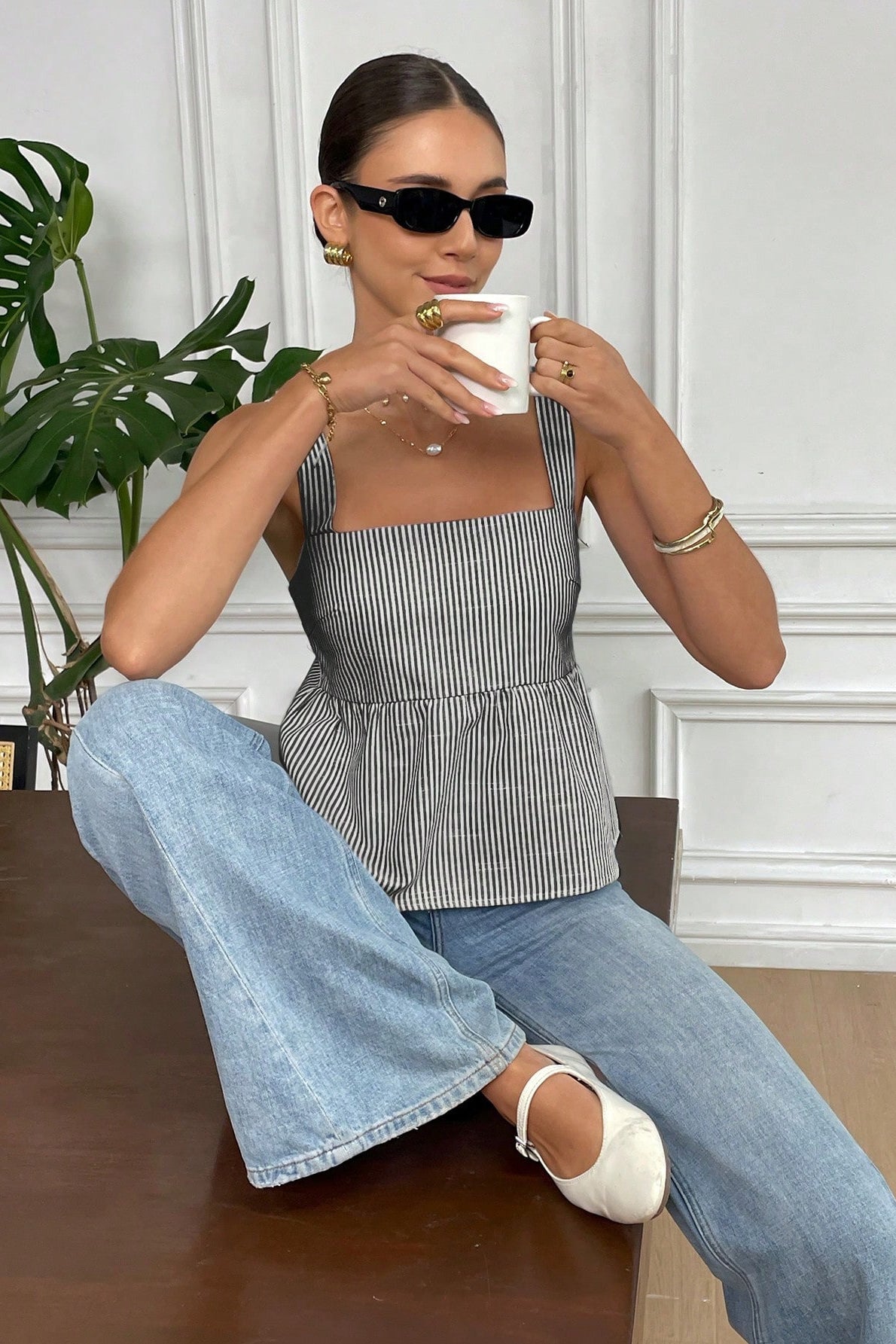 Striped Tie-Shoulder Square Tank Top