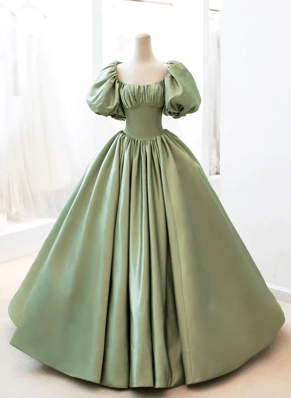 A-Linie Prinzessin Satin Puffärmel Langes Abendkleid Satin Ballkleid Partykleid