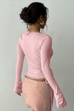 Lace Trim V Neck Tie Long Sleeve Blouse