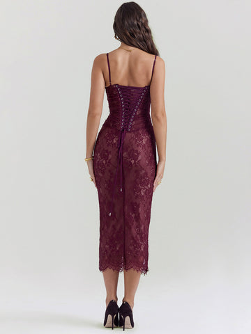 Figurbetontes Kleid aus Spitze, verstellbarer Spaghettiträger, Schnürung, sexy Party-Midikleider 