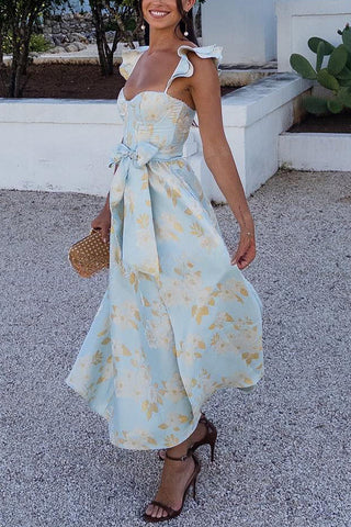 Barockes, florales, süßes, gesmoktes Korsett-Midikleid mit Rüschen auf der Rückseite 
