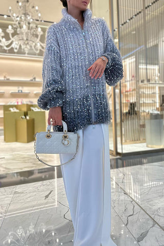 Warme, glänzende Herz-Strickjacke mit Pailletten, Ballonärmeln, Reißverschluss am Hals und lockerem Schnitt 