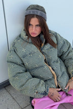 Vintage Washed Cross Embroidery Puffer Jacket