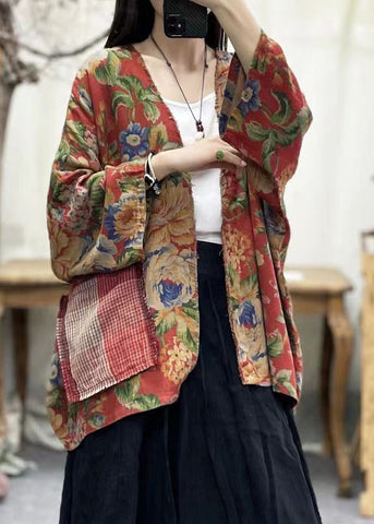 Bohemian Print V-Ausschnitt Taschen Baumwoll-Cardigans Fledermausärmel 