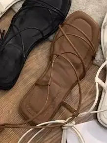 Flat Sandal Shoe All-Match Strappy Heels Shallow Mouth 2024 Women's Suit Female Beige Without Low  Gladiator Girls Outside New C