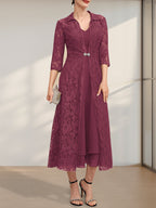A-Linien-Chiffonkleid mit V-Ausschnitt und Teelänge für die Mutter der Braut