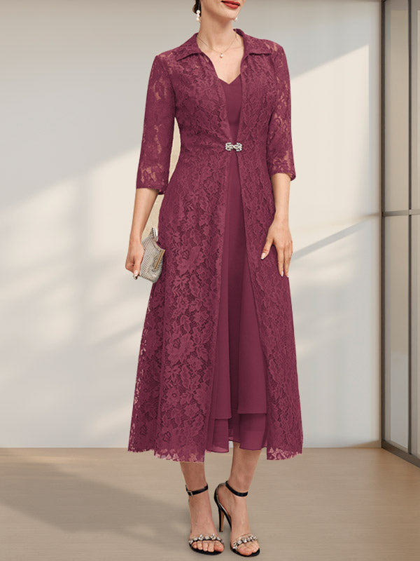 A-Linien-Chiffonkleid mit V-Ausschnitt und Teelänge für die Mutter der Braut