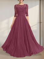 A-Linien-Kleid mit Illusion-Ausschnitt, bodenlang, aus Chiffon und Spitze, mit plissierten Pailletten und V-Ausschnitt für die Mutter der Braut
