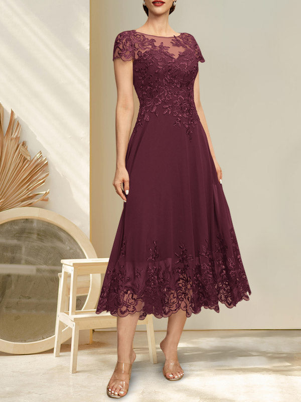 A-Linien-Kleid mit Illusion-Ausschnitt, Rundhalsausschnitt, Teelänge, Spitze und Chiffon, mit Pailletten, für die Mutter der Braut