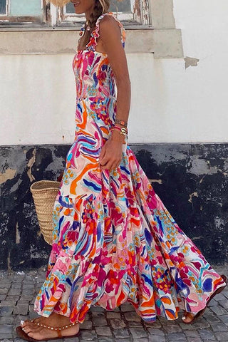 Vestido largo de fiesta con tirantes finos, estampado y fruncido de Meridress