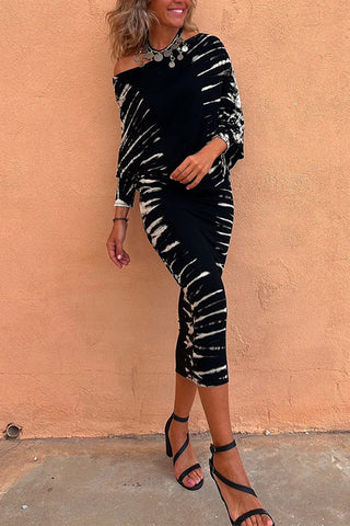 Meridress Cold Shoulder Batwing Sleeve Waisted Tie Dye Dress