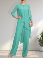 Zweiteiliger Jumpsuit/Hosenanzug, bodenlanges Chiffonkleid für die Mutter der Braut mit Paillettenbesatz und Rundhalsausschnitt.