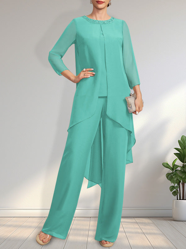 Vestido de gasa para madre de la novia, con escote redondo y largo hasta el suelo, con lentejuelas y abalorios, estilo mono/pantalón.