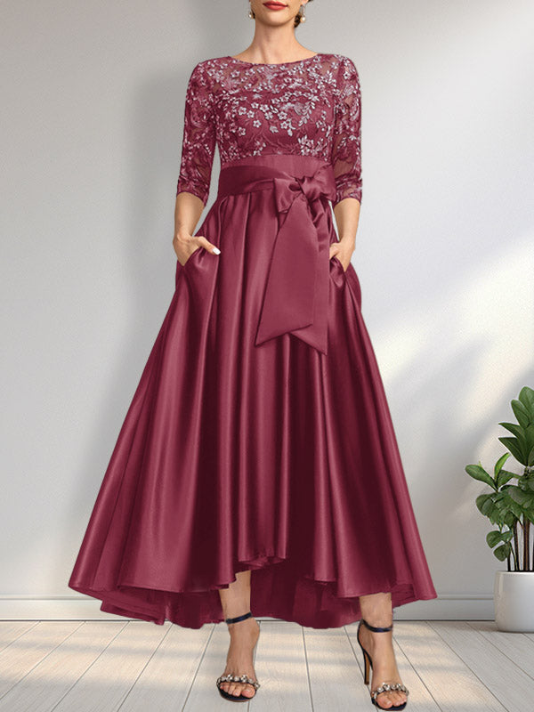 Vestido de madre de la novia de encaje satinado asimétrico con ilusión de corte A y lazo