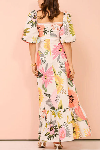 Meridress Square Collar Puff Sleeves Floral Print Cotton Linen Ruffle Maxi Dress