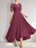 A-Linien-Kleid mit asymmetrischem Chiffon-Spitzenausschnitt und Pailletten für die Mutter der Braut 