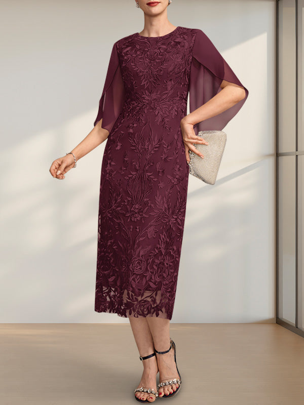 Vestido para madre de la novia de gasa con encaje, corte tubo, escote redondo y largo hasta la rodilla