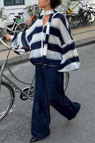Suéter Meridress con mangas farol, botones, rayas en bloques de color y bufanda
