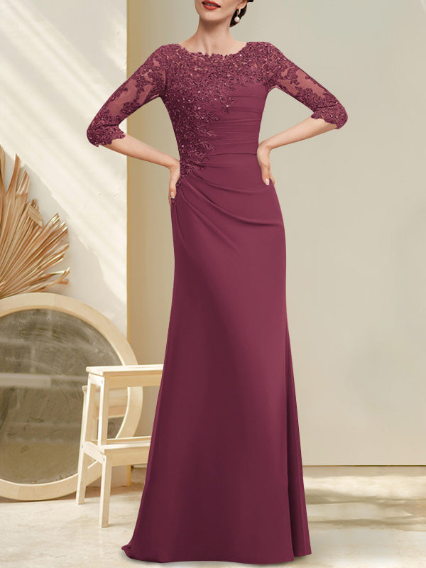 A-Linien-Kleid aus Chiffon und Spitze in Bodenlänge für die Mutter der Braut mit Perlenstickerei, Falten und Pailletten