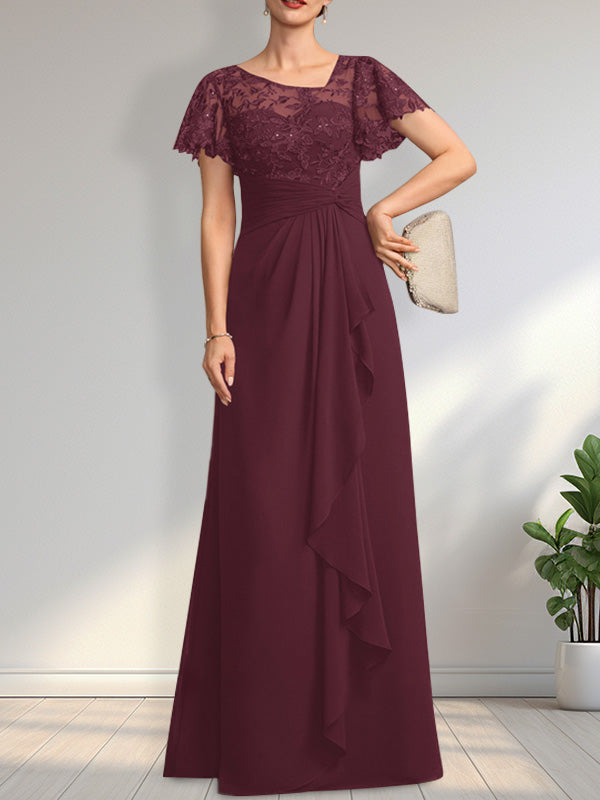 Vestido de madre de la novia de gasa con encaje, ilusión asimétrica, largo hasta el suelo, con volantes en cascada y lentejuelas. 