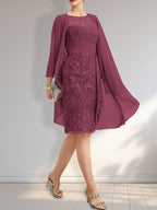 Etuikleid mit Rundhalsausschnitt, Illusion-Effekt, knielang, aus Chiffon mit Spitze, Rüschen und Pailletten – ideal für die Mutter der Braut
