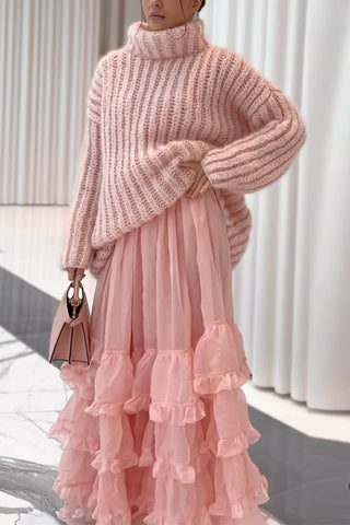Meridress Turtleneck Drop Shoulder Fluffy Pullover Sweater