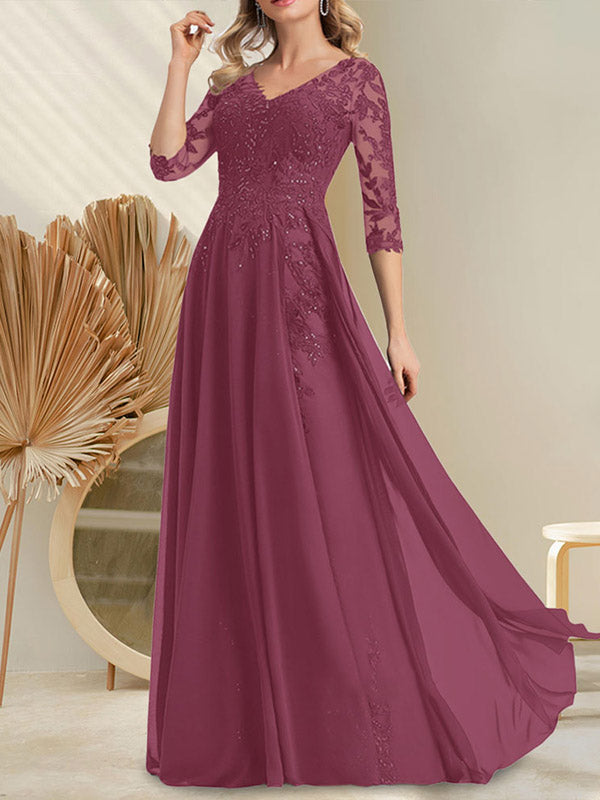 A-Linien-Kleid aus Chiffon mit V-Ausschnitt, bodenlang, mit Pailletten besetzt – ideal für die Mutter der Braut