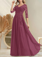 A-Linien-Kleid aus Chiffon mit V-Ausschnitt, bodenlang, mit Pailletten besetzt – ideal für die Mutter der Braut