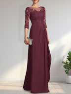 A-Linien-Kleid mit U-Boot-Ausschnitt, Illusion-Effekt, bodenlang, aus Chiffon und Spitze, mit Perlen, Pailletten und kaskadenartigen Rüschen – perfekt für die Mutter der Braut.