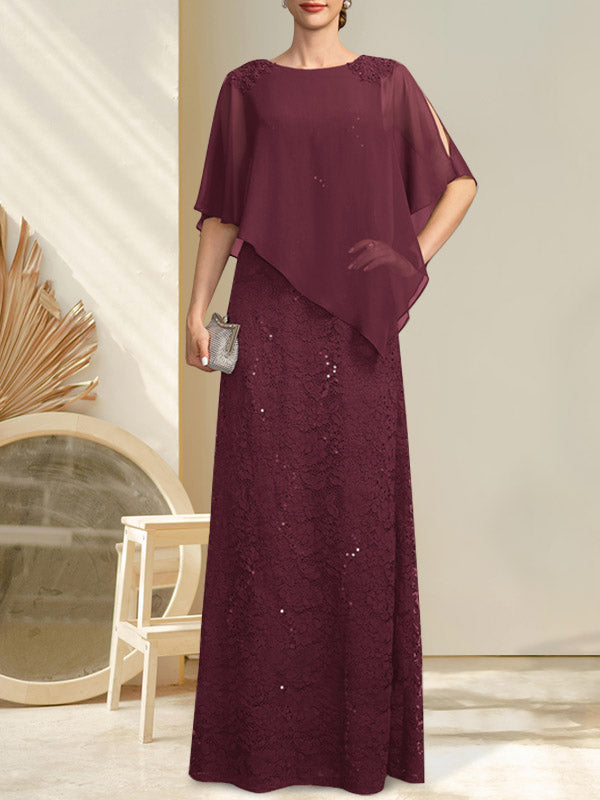 Vestido de madre de la novia de gasa con encaje, escote redondo y largo hasta el suelo, con lentejuelas y abalorios