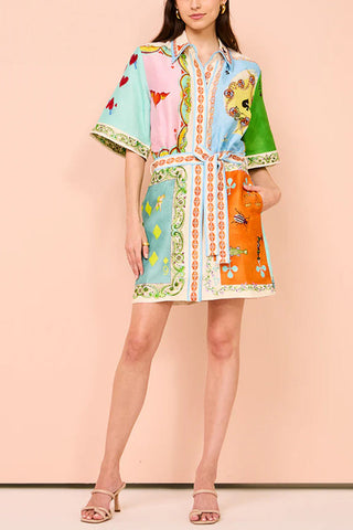 Meridress Short Sleeves Tie Waist Color Block Printed Mini Shirt Dress