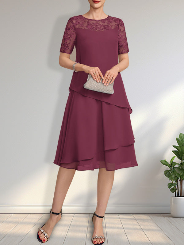 A-Linien-Kleid mit Rundhalsausschnitt, Illusion-Effekt, knielang, aus Spitze und Chiffon mit Pailletten für die Mutter der Braut