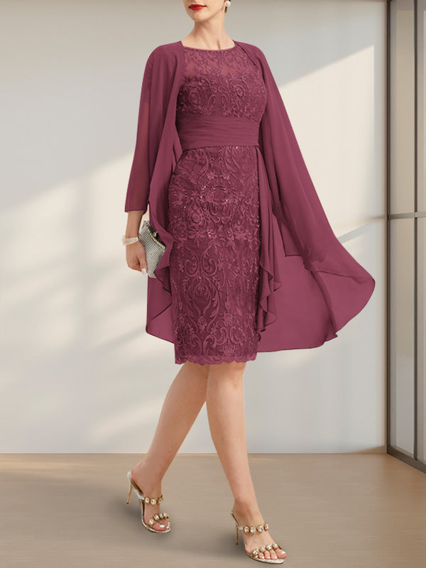 Etuikleid/Säulenkleid mit Illusion-Ausschnitt, knielang, aus Chiffon mit Spitze, Kaskadenrüschen und Pailletten für die Mutter der Braut