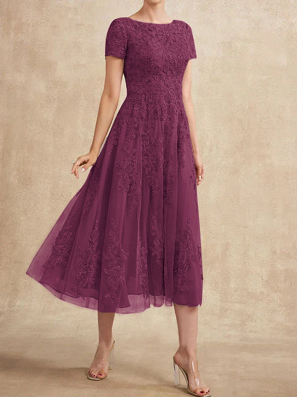A-Linien-Kleid aus Tüllspitze mit Rundhalsausschnitt und Teelänge für die Mutter der Braut 