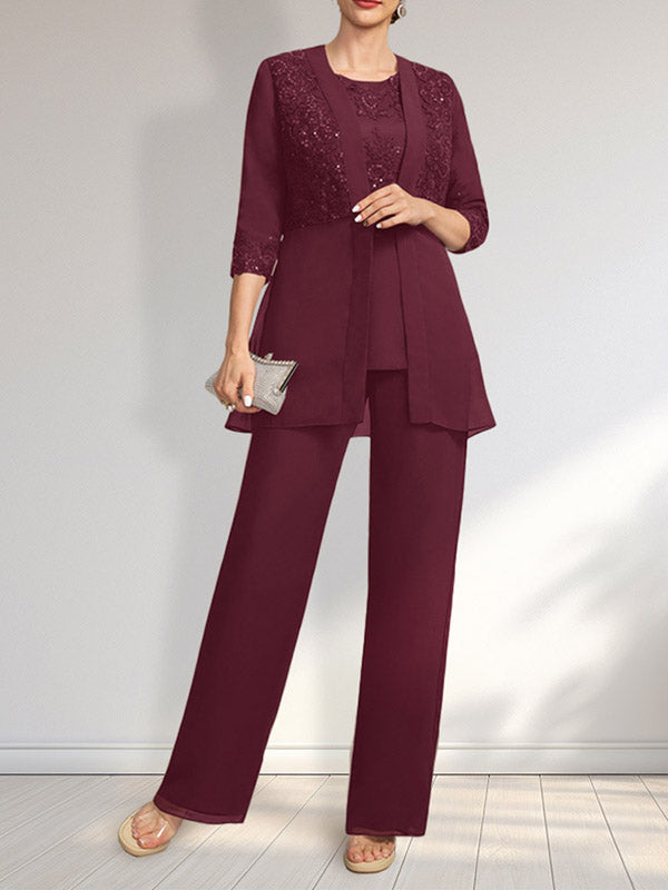 Jumpsuit/Hosenanzug-Set, bodenlanges Chiffon-Spitzenkleid mit Pailletten für die Mutter der Braut mit Rundhalsausschnitt