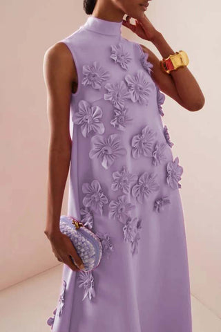 Ärmelloses Maxikleid mit hohem Halsausschnitt und 3D-Blumenmuster Lila 
