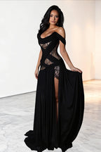 Draped Off Shoulder Lace Slit Maxi Dress