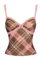Elegant Pink Plaid Lace Cami Top