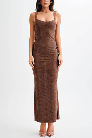 Midnight Fantasy – Stretch-Maxikleid mit Pailletten und Netzstoff-Schultergurten und offenem Rücken 