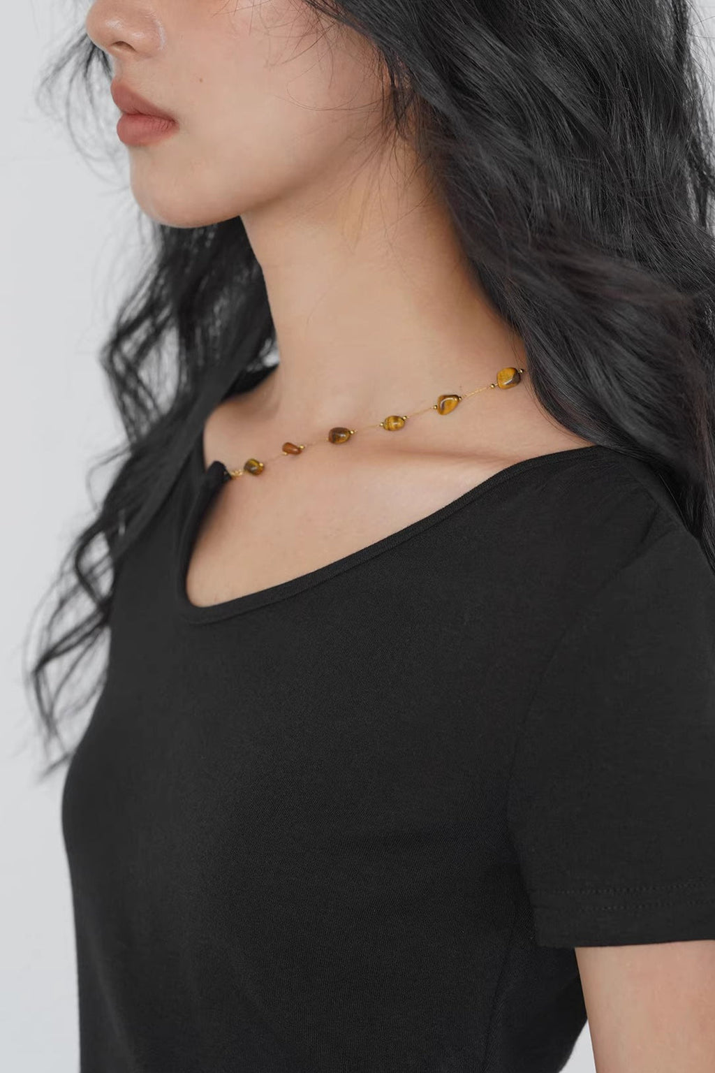 Solid Simple Beaded Hollow Neck T-Shirt