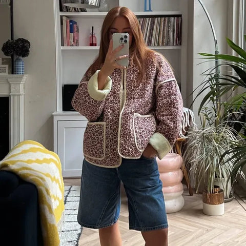 TARUXY Chaquetas con estampado de flores para mujer, abrigo ajustado con bolsillos a la moda, ropa de calle informal para otoño, cárdigan femenino, nueva prenda exterior 