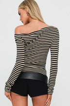 Color-Block Stripe Asymmetrical Neck Long Sleeve Tee