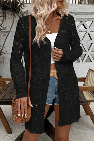 chic black crochet open front cardigan