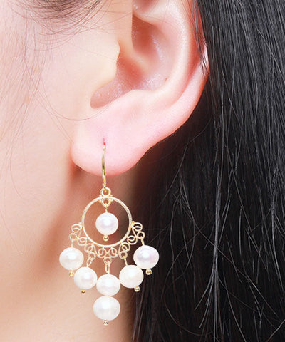 Pendientes colgantes con borlas de perlas de oro blanco de 14 quilates 