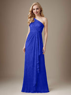 Rubinrotes Etuikleid mit One-Shoulder-Schulter und Metallic-Mesh-Optik, Brautmutterkleid