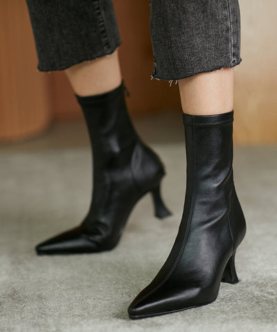 Schwarze Splicing High Heel Stiefel Spitzschuh Reißverschluss 
