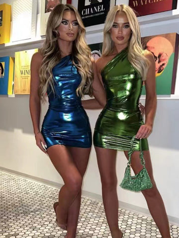 TARUXY Silber PU Minikleid Damen Bodycon Sexy Ärmellos Hohe Taille Etuikleider Partymode Dünnes Kleid Damen 2024 Neu 