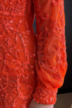 Meerjungfrauen-Abendkleid mit One-Shoulder-Schulter, orangefarbenen Pailletten und langen Ärmeln