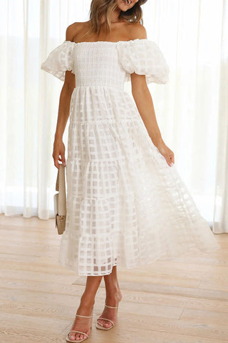 Vestido midi con mangas abullonadas y fruncido de tela con estampado cuadrado Dare To Dance 