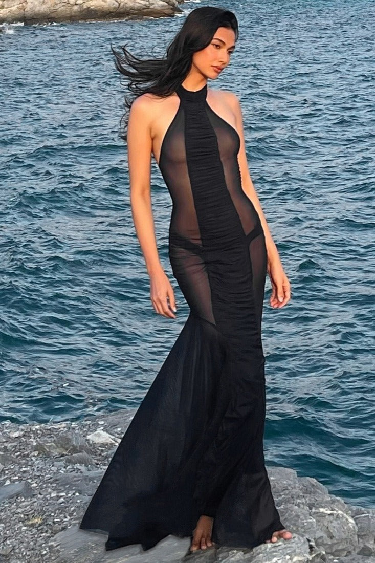 Halter Cutout Back Mesh Sheer Slim Maxi Dress